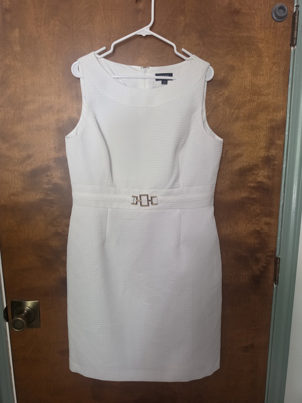 Tahari White Sleeveless Sheath Dress with Decorative Waist Buckle